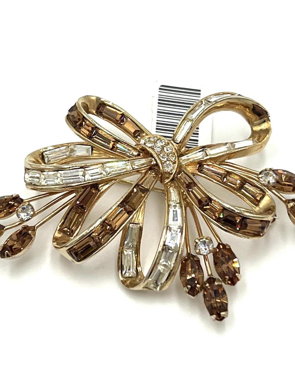 Crown Trifari Goldplate White Copper Rhinestone Bow Brooch